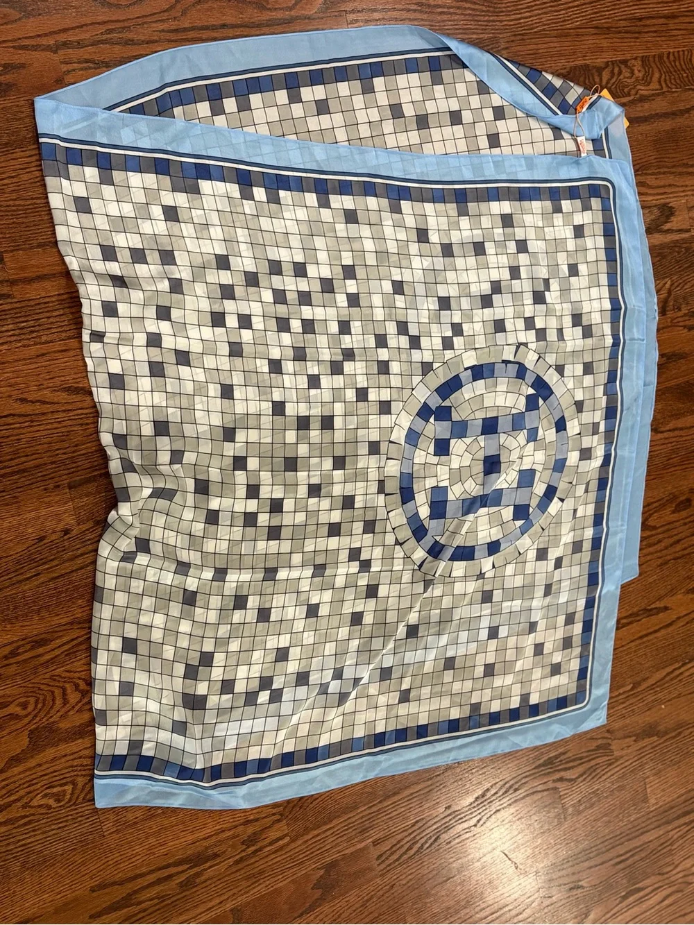 Light Blue and Navy Geometric Silk Scarf